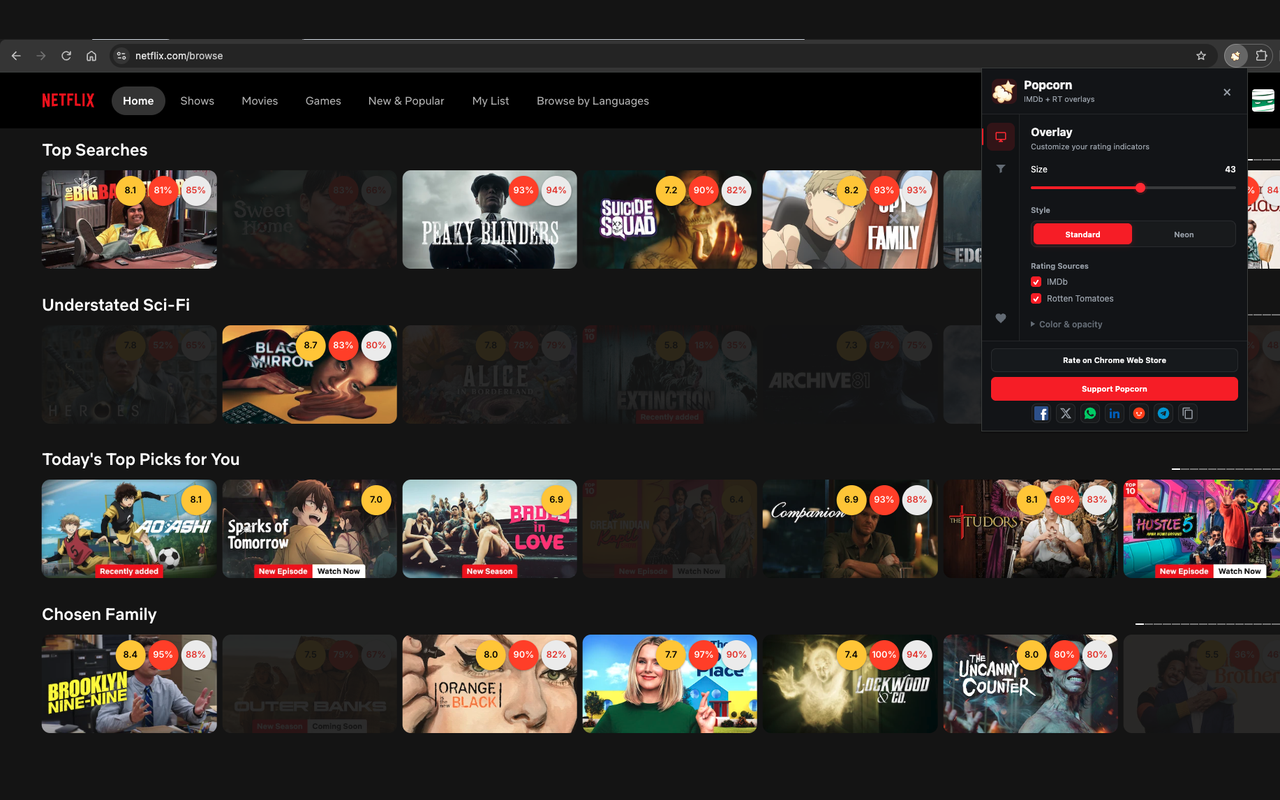 IMDb and Rotten Tomatoes scores on Netflix browse cards